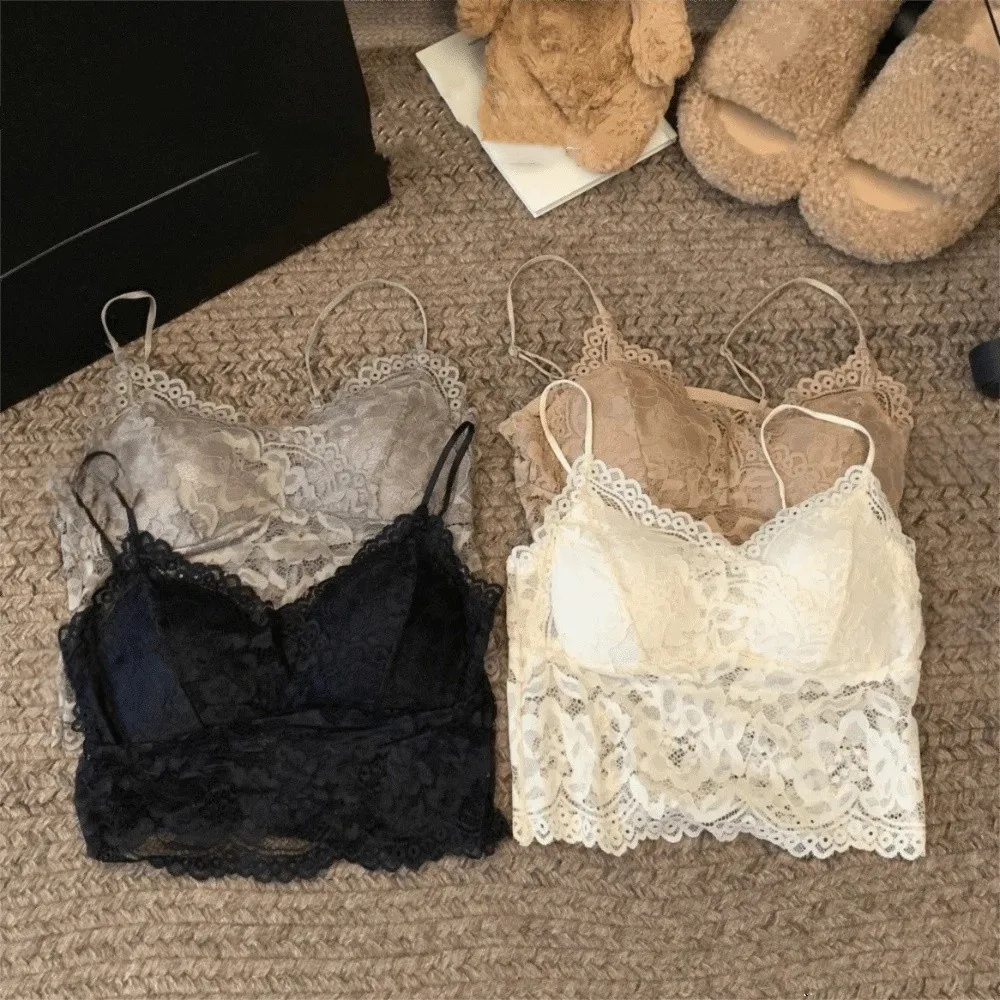 Top Corto de Encaje con Flores de Malla, Estilo Dulce para Primavera y Verano, Camiseta sin Mangas para Chicas, Estilo Picante, Camiseta Interior con Relleno