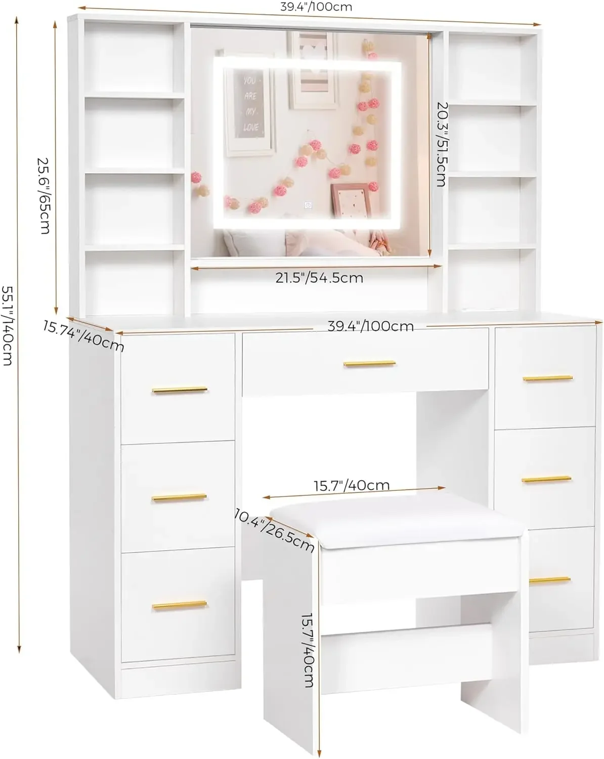 [سعر مخفض! ] طاولة مكتب فانيتي مع مرآة مضاءة 39.4 بوصة مكياج للفتيات مع مخرج طاقة 3 ألوان إضاءة قابلة للتعديل