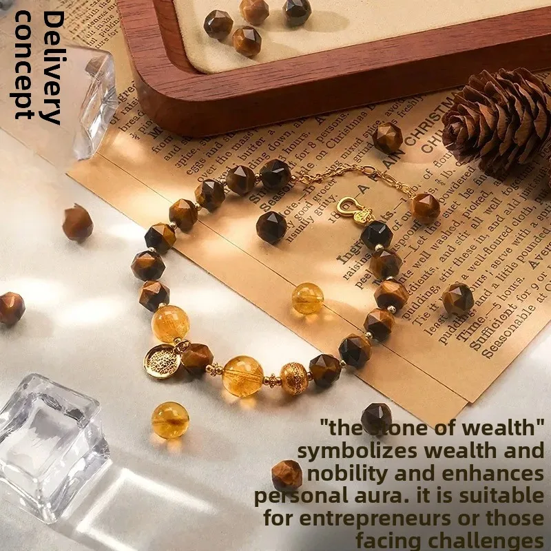 Natural Tiger's Eye Stone Yellow God of Wealth Bracelet Cut-out Beads Gold-plated Hand String Citrine Gold Bully Small Antique