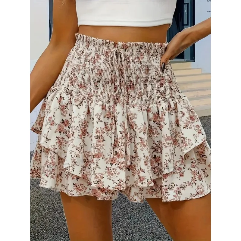 Spring and summer small floral print elastic waist elegant layered hem shorts fashion casual high waist shorts