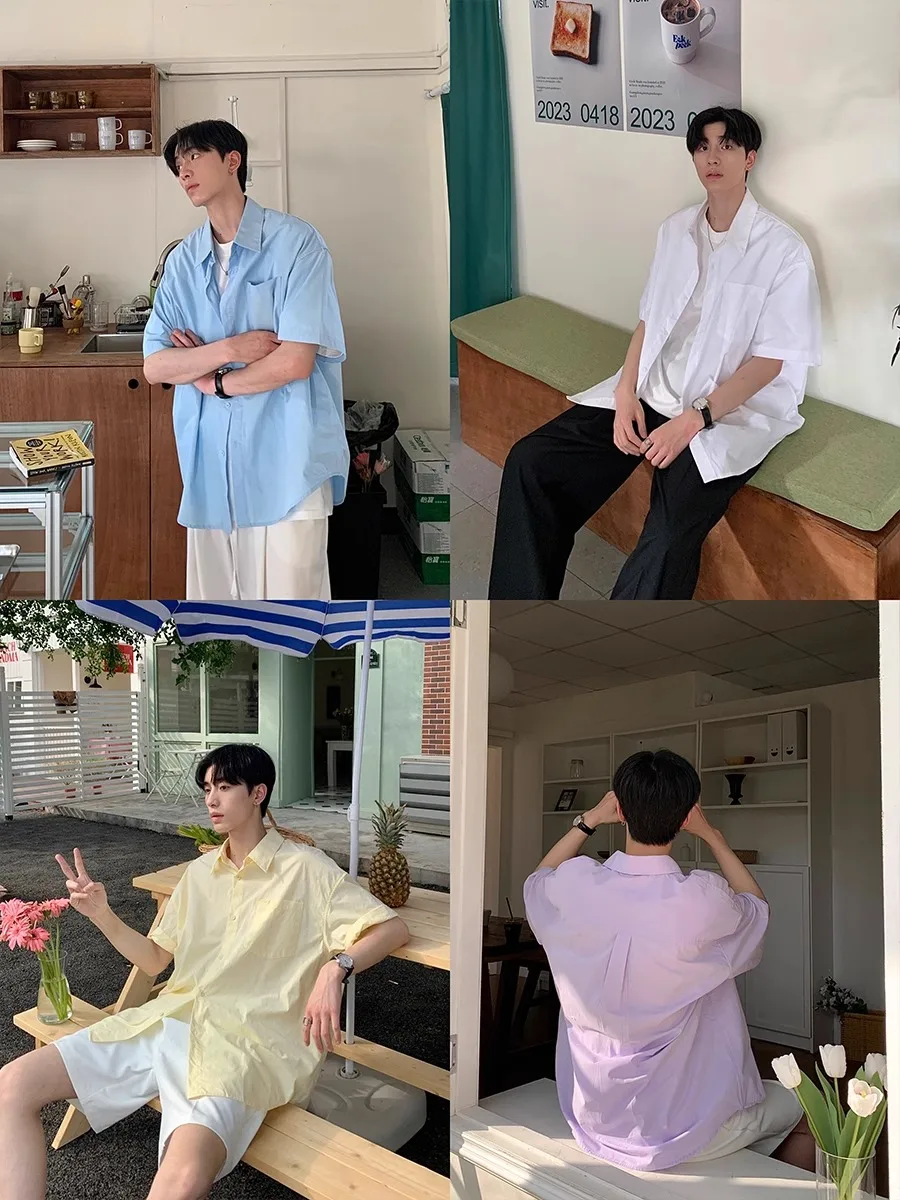 

Мужская свободная повседневная рубашка с коротким рукавом в корейском стиле, летняя, с отложным воротником, ярких цветов, модная, для отдыха