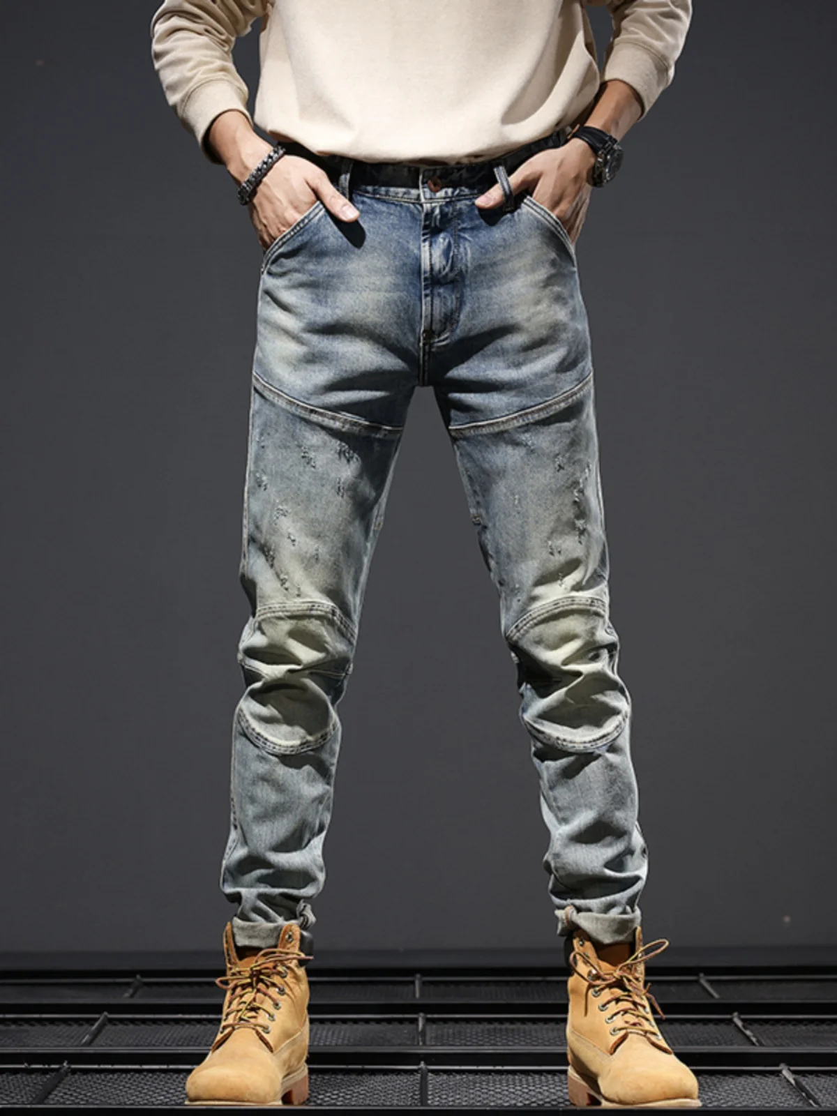 

Faionable Patchwork Men's Jeans Casual Motorcycle Sle Elastic Slim Fit Long Trousers Youthful Trend Cotton Stretch Denim