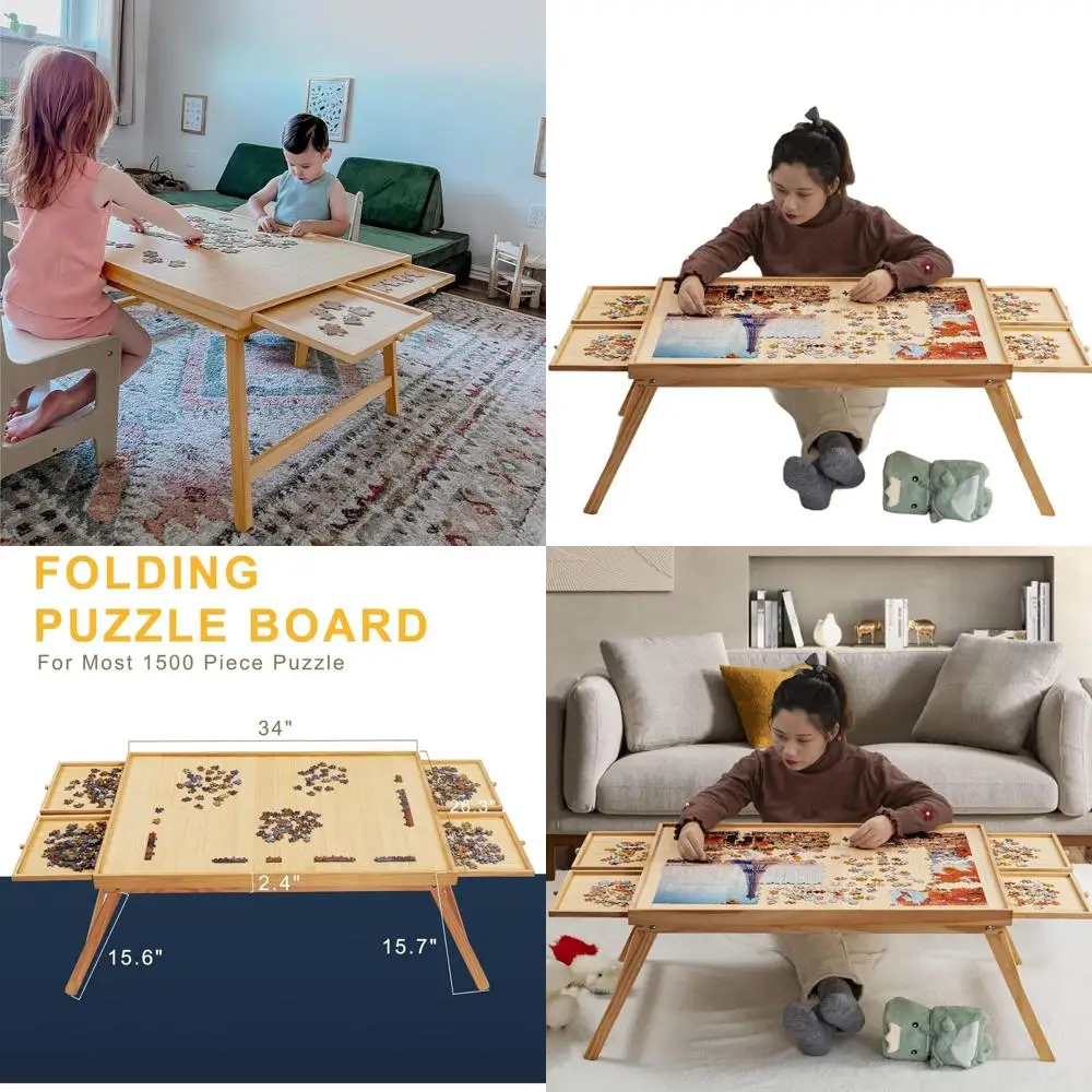 

Складная деревянная доска-головоломка с 4 ящиками и крышкой, игровой стол из 1500 предметов для взрослых, 34 Вт x 26,3D, натуральный