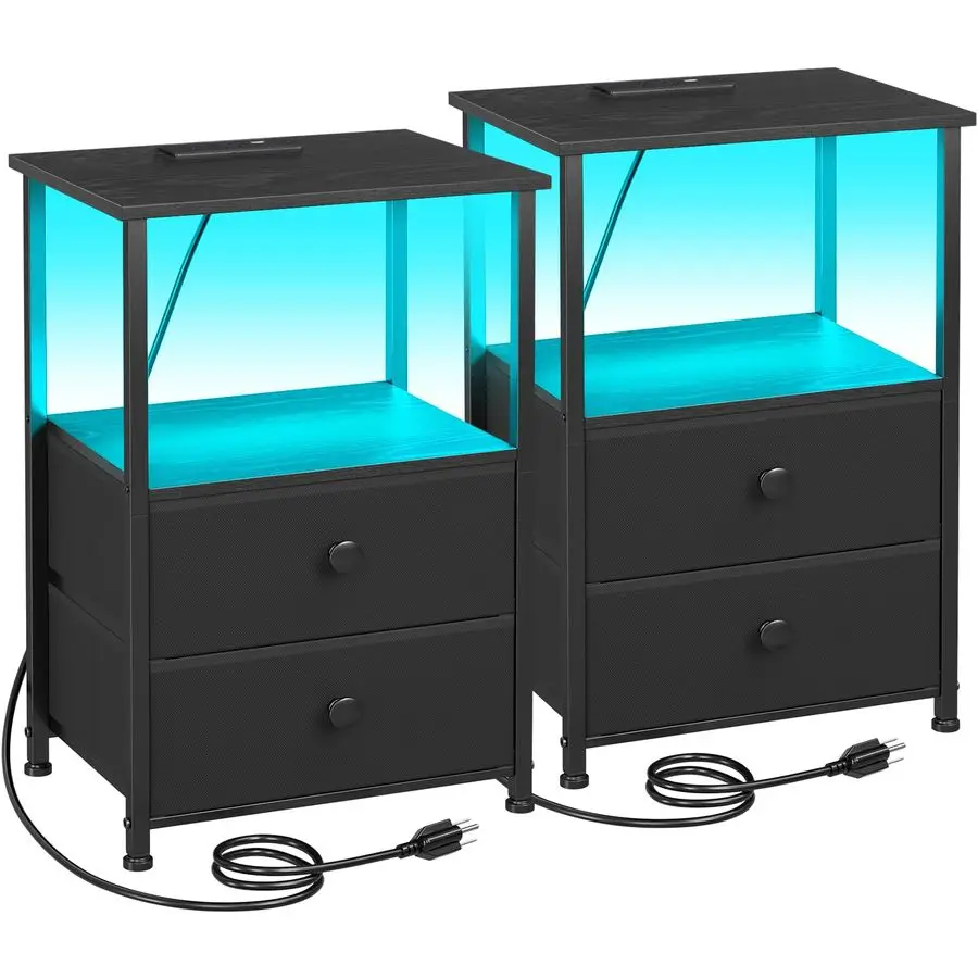 

Night Stand Set 2, LED Nightstand with Charging Station, End Tables with Storage Shelf, Bed Side Table with 2 Fabric Drawers fo