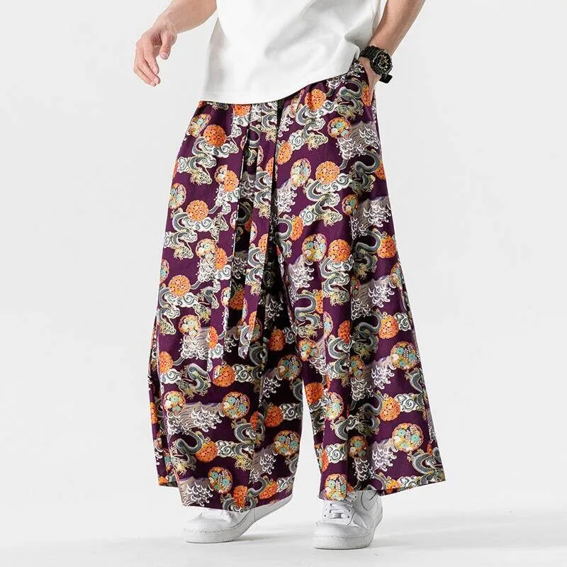 Japanese Samurai Pants Men's With Dragon Print Loose Casual Trousers Mens Kimono Style Vintage Fashion Wide Leg Pants Streetwear