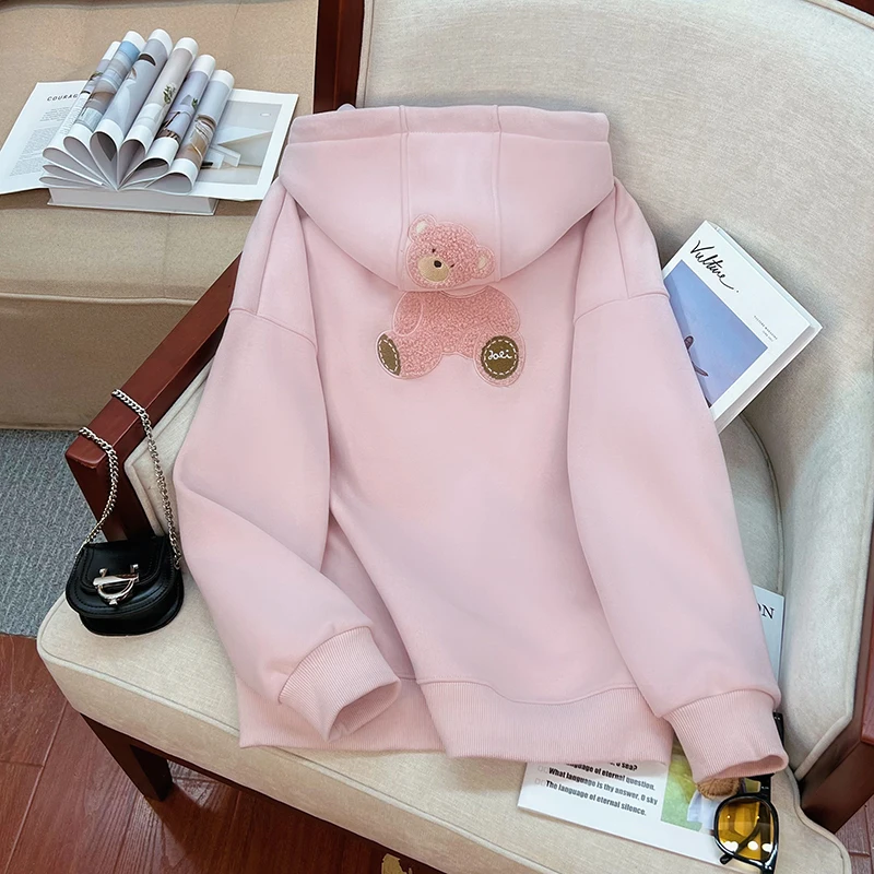 Pink Bear Embroidered Hooded and Fleece Sweatshirt Women\'s Autumn and Winter New Fashion Loose Top Jacket Women