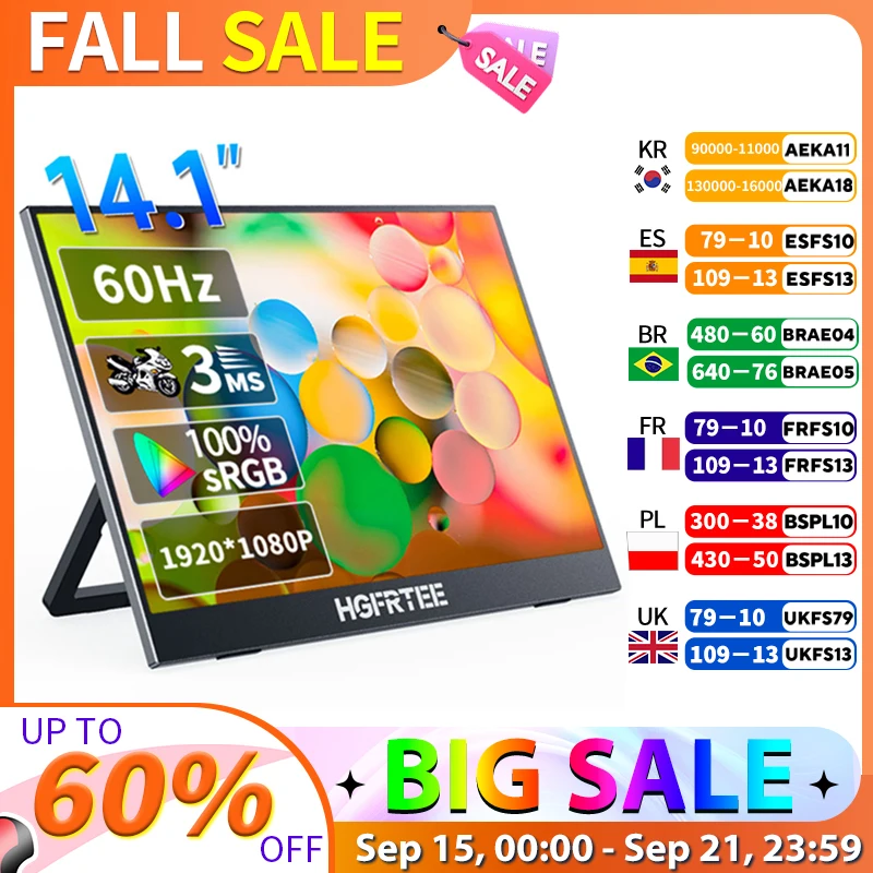 

14,1-дюймовый портативный монитор 1080P IPS 100% SRGB игровой портативный экран с подставкой для ноутбука PS5/4 переключатель Xbox Raspberry Pi