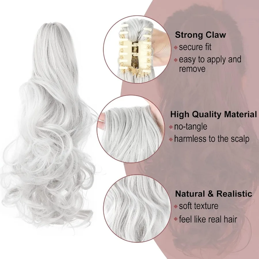18 بوصة مجعد متموج ذيل حصان تمديد كليبين مخلب للنساء الفضة الأبيض طويل هيربيسي مع الفك قابل للتعديل مثالية ل Wea اليومية