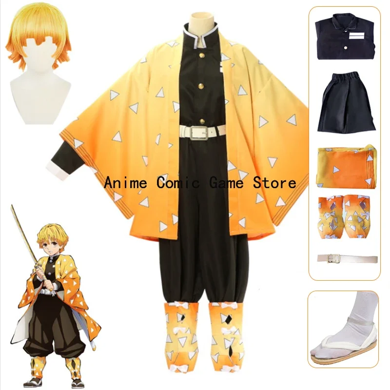 Agatsuma Zenitsu Cosplay Kostüm Perücke Schuhe komplette Sätze Erwachsenen Kinder Anime Uniform Halloween Weihnachts feier Outfits für Frauen Männer