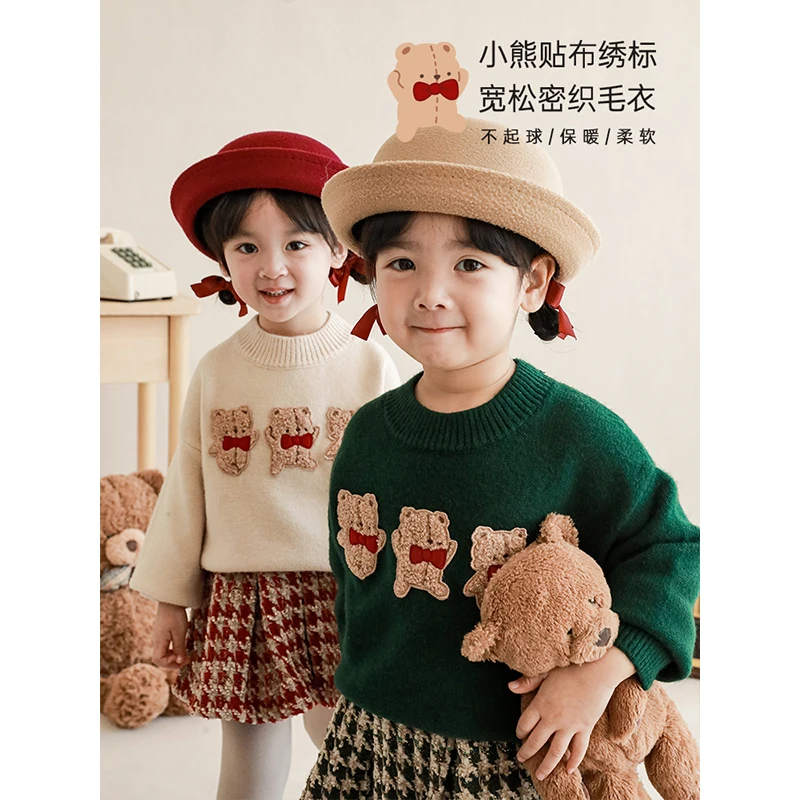 Winter New Children Little Bear Embroidery Sesame Dot Jacquard Sweater Baby Girls Knit Top