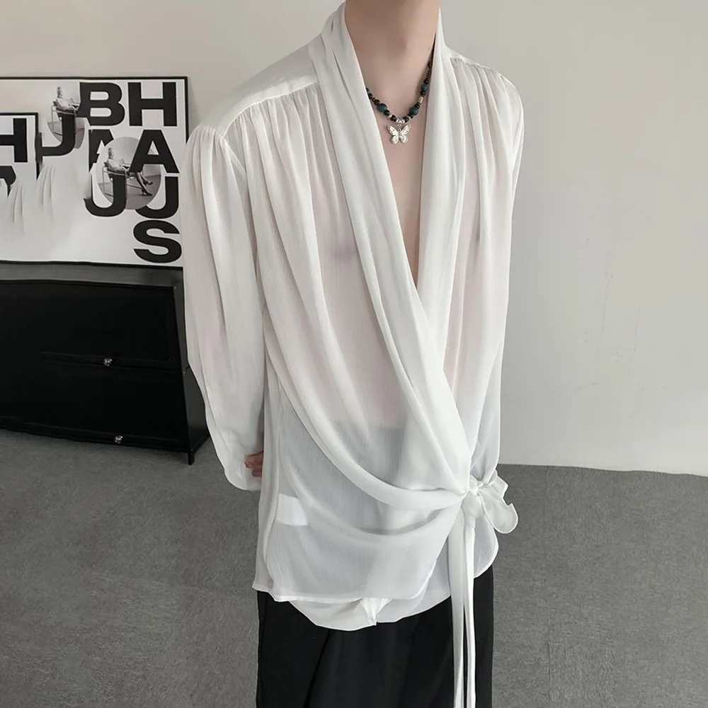 Mens Shirts Chinese Style Organza Tie Chiffon White Long Sleeve Tops Niche Cardigan Design Trendy Chic Casual Tops Unisex 2024