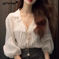 2024 Spring Summer Women's Fashion Ruffles Chic Button Up Shirt Elegant White Long Sleeve Blouse Casual V Neck Sweet Fairy Tops