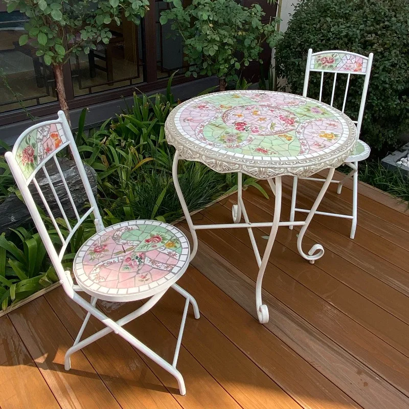 Outdoor outdoor courtyard garden leisure table and chairs, American pink rose pattern balcony table and chair combination
