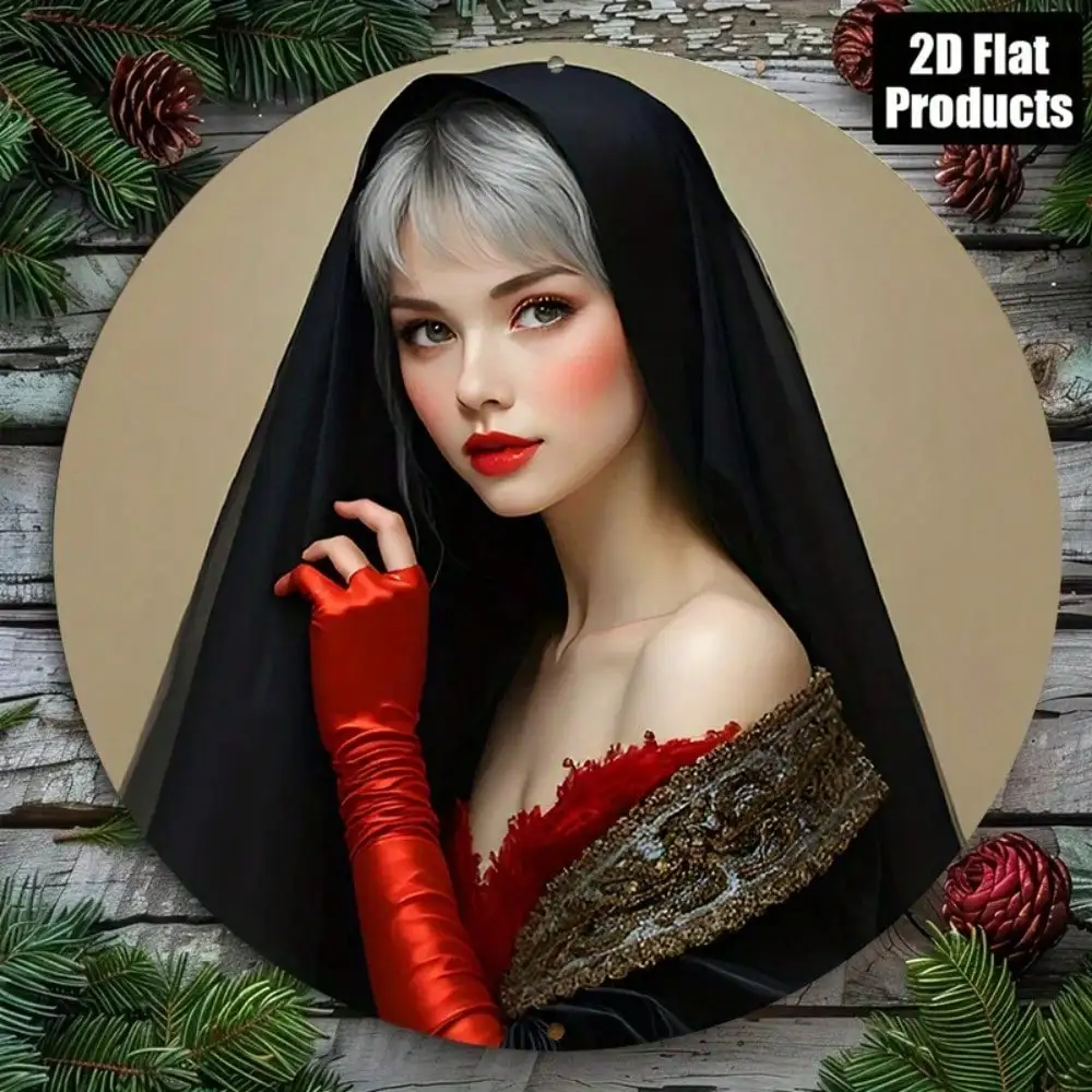 2D Flat High Definition Metal Wall Art Mysterious Fantasy Woman Silver Short Hair Black Veil Red Lips Off-Shoulder Dress Gold Em