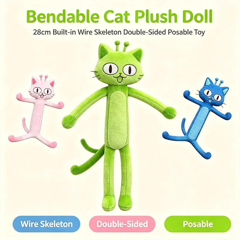 Funny Posable Long Cat Stuffed Plush Toy Built In Wire Frame Double Sided Pattern Doll For Home Decoration Gift