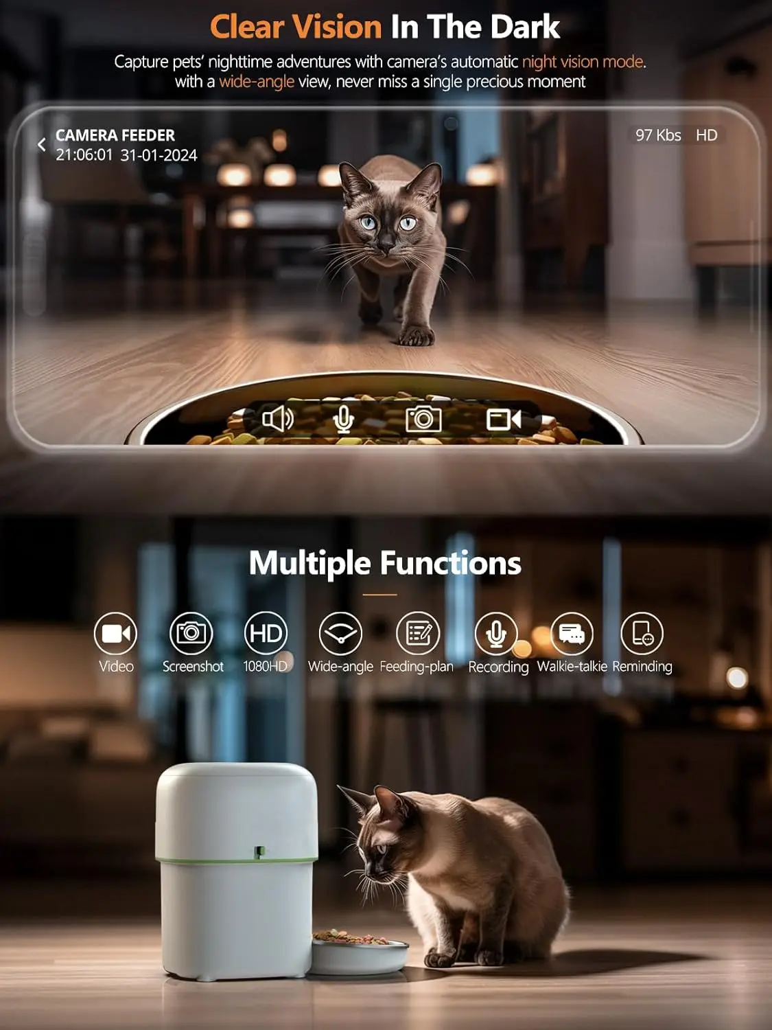 Cat Dogs Feeder WIFI With 1080P Camera Cat Food Kibble Dispenser Remote Control Auto Feeder For Cat Dog Dry Food Accessories