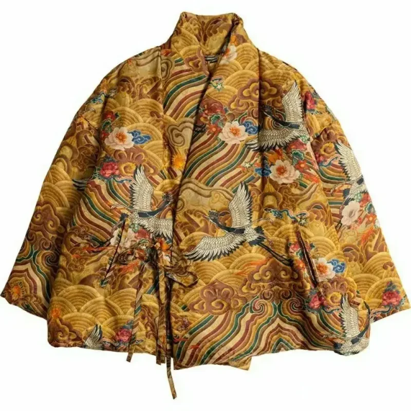 

Crane Print Chinese Tangsuit Coat Women Parkas Warm Winter Hanfu Top Irregular Collar Elegant Cloak Ethnic Padded Cheongsam Tops