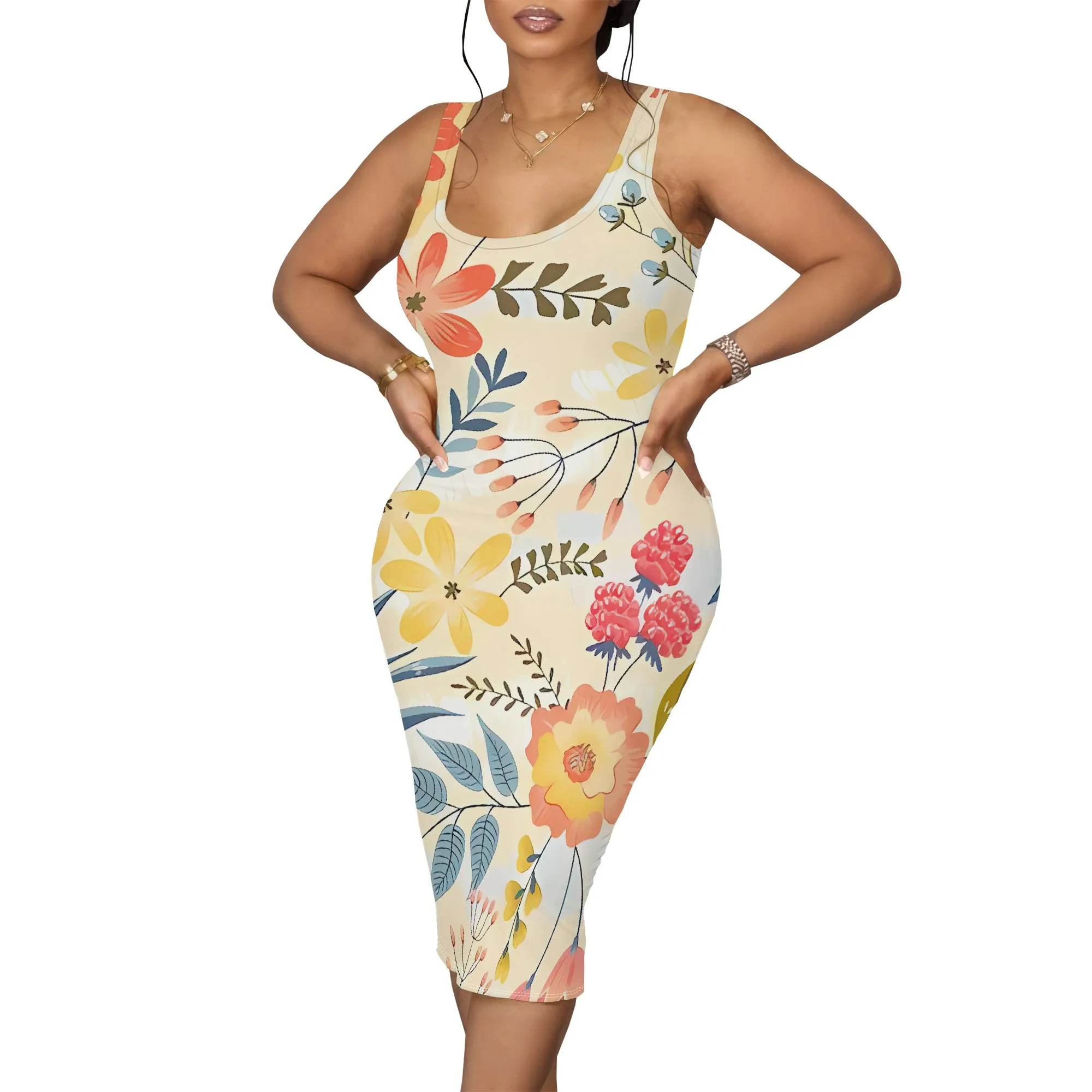 Nupusa Floral Print Dress for Women Standard Size Summer Casual Square Neck Sleeveless Midi Dress