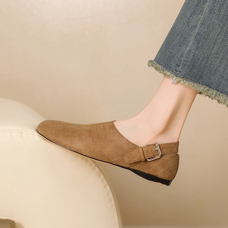 Round-Toe Buckled Flats Retro Slip-On Versatile Suede Slippers Two-Way Women's Shoes Loafers Sandalias Mujer Verano