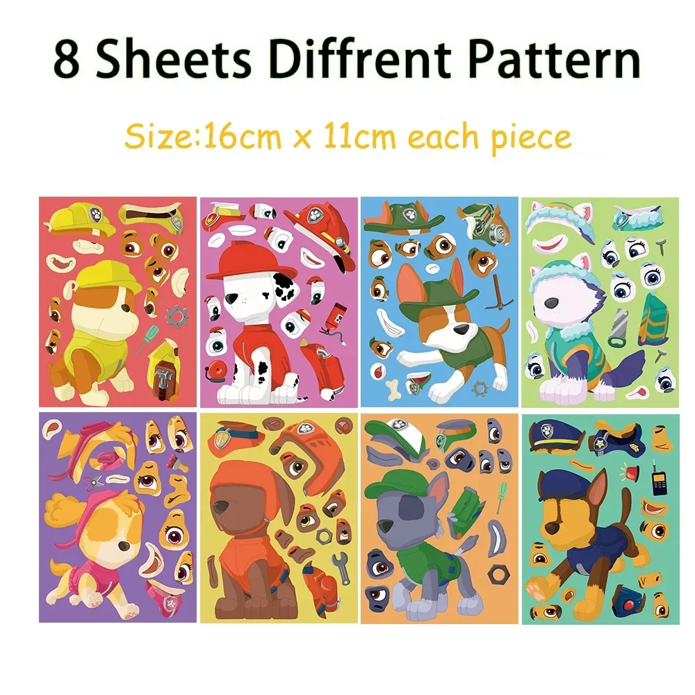 8/16Sheets PAW Patrol Puzzle Stickers Anime Chase Make-a-Face Assemble Funny Cartoon Decal Assemble Jigsaw Children Gift Boy Toy