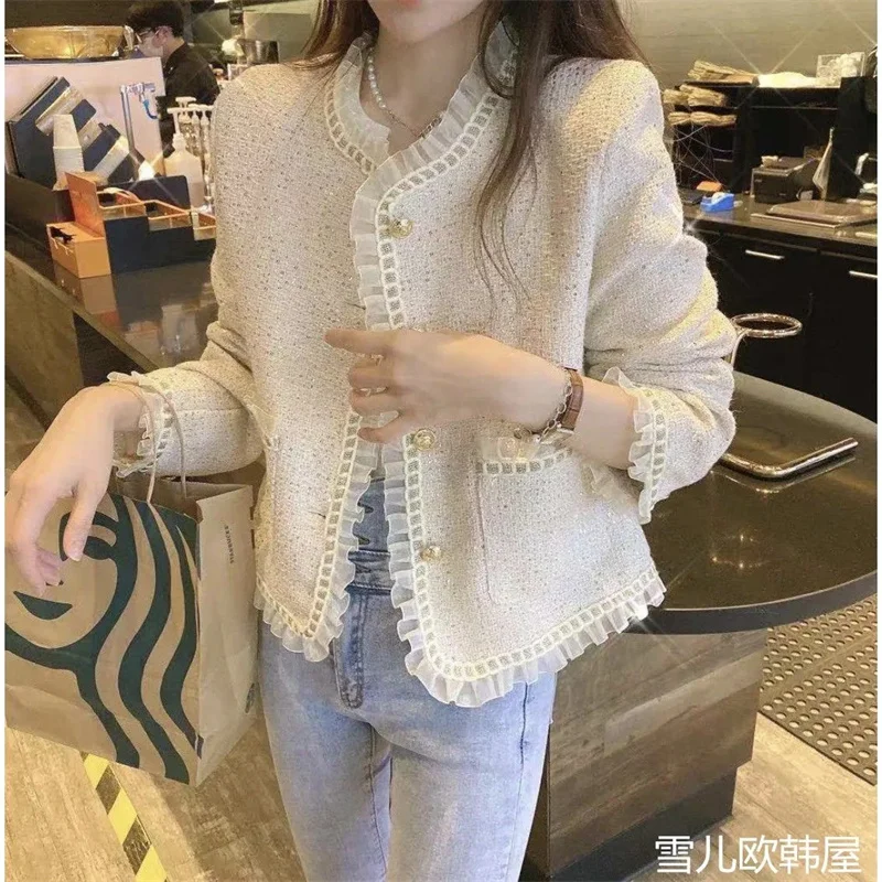 

Retro Mesh Splicing Tweed Top For Women's Jacket 2025 Spring New Socialite Temperament Xiaoxiangfeng Short Jackets Female Coat