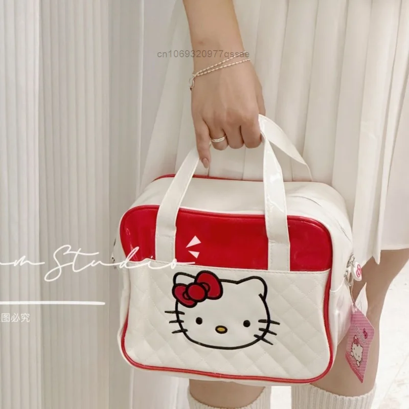 Sanrio Embroidered Cute Cartoon Hello Kitty Zipper Square Handbags Y2k PU Leather Women\'s Cosmetic Storage Bags Lunch Box