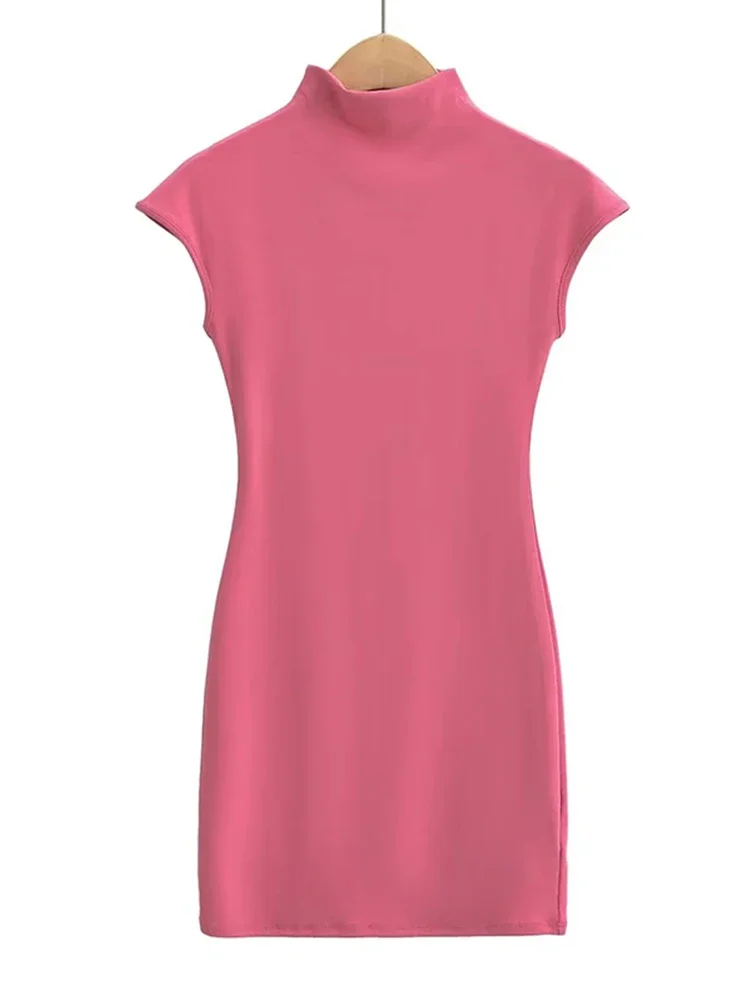 فساتين صغيرة للنساء 2024 فستان صيفي محبوك ملابس عتيقة مثيرة فساتين سوداء بأكمام قصيرة وياقة مدورة فستان وردي Bodycon