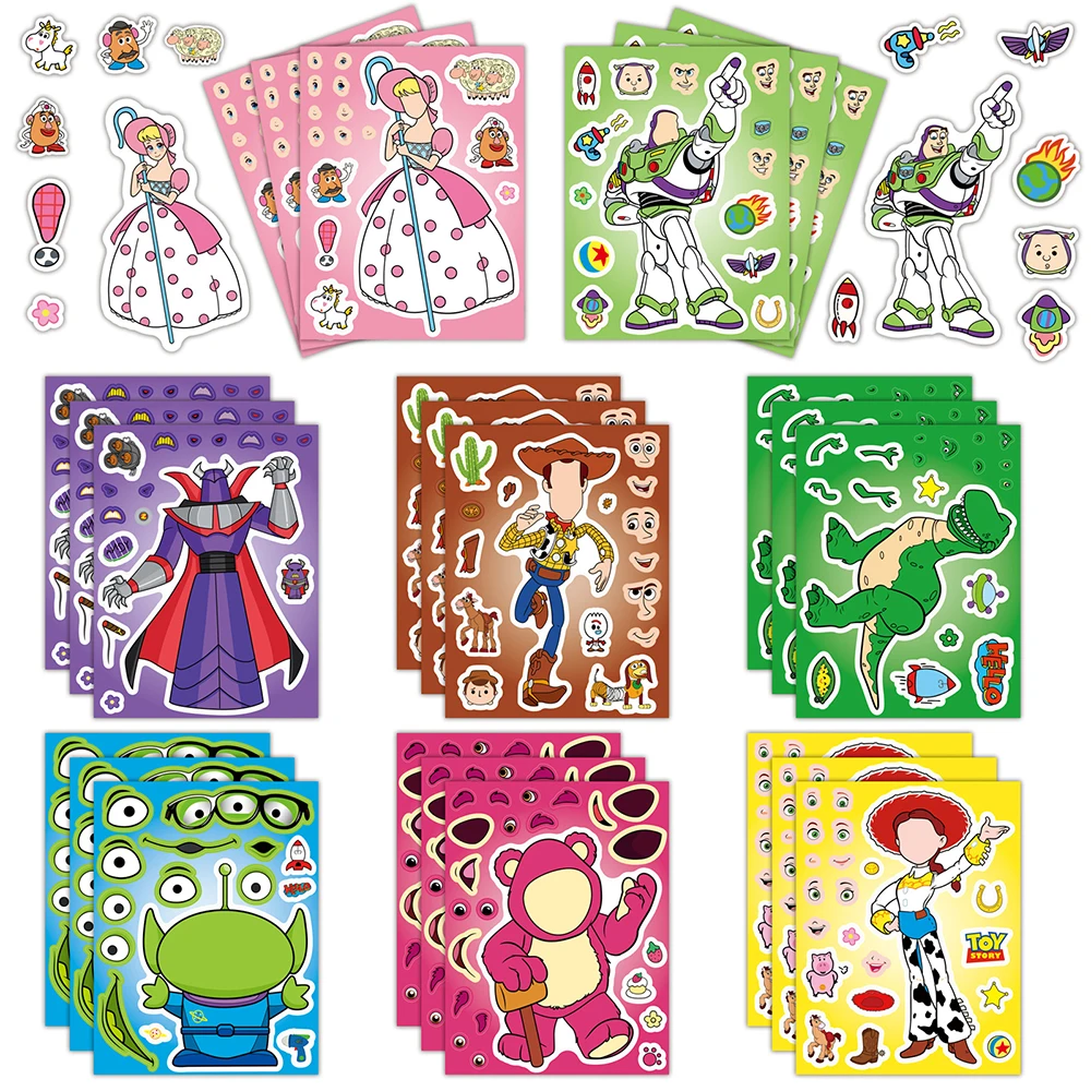 

8/16sheets Make a Face Toy Story Puzzle Stickers Disney Anime Children Assemble Sticker Funny Cartoon DIY Jigsaw Decals for Kids
