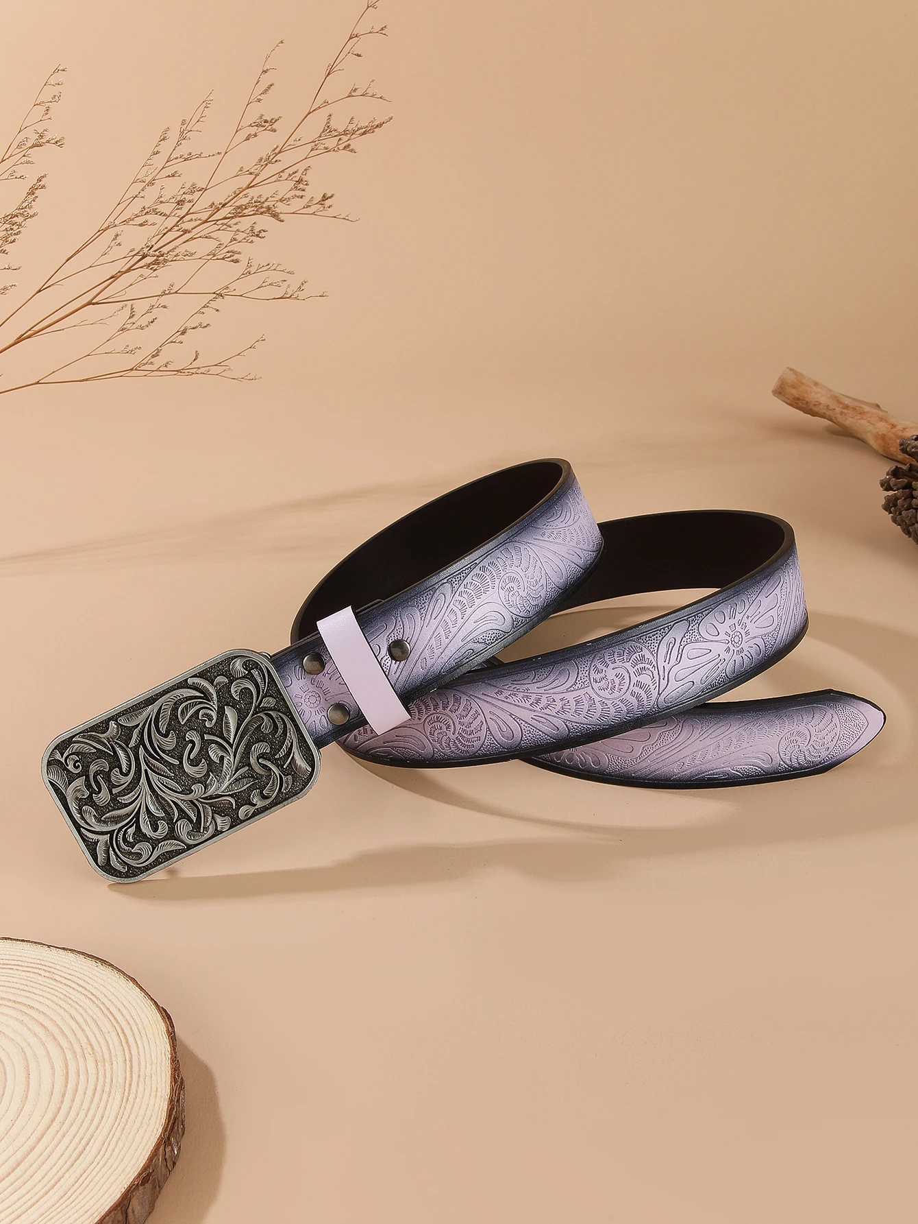 Gradient purple carved belt with retro pattern buckles, fashionable and personalized belt