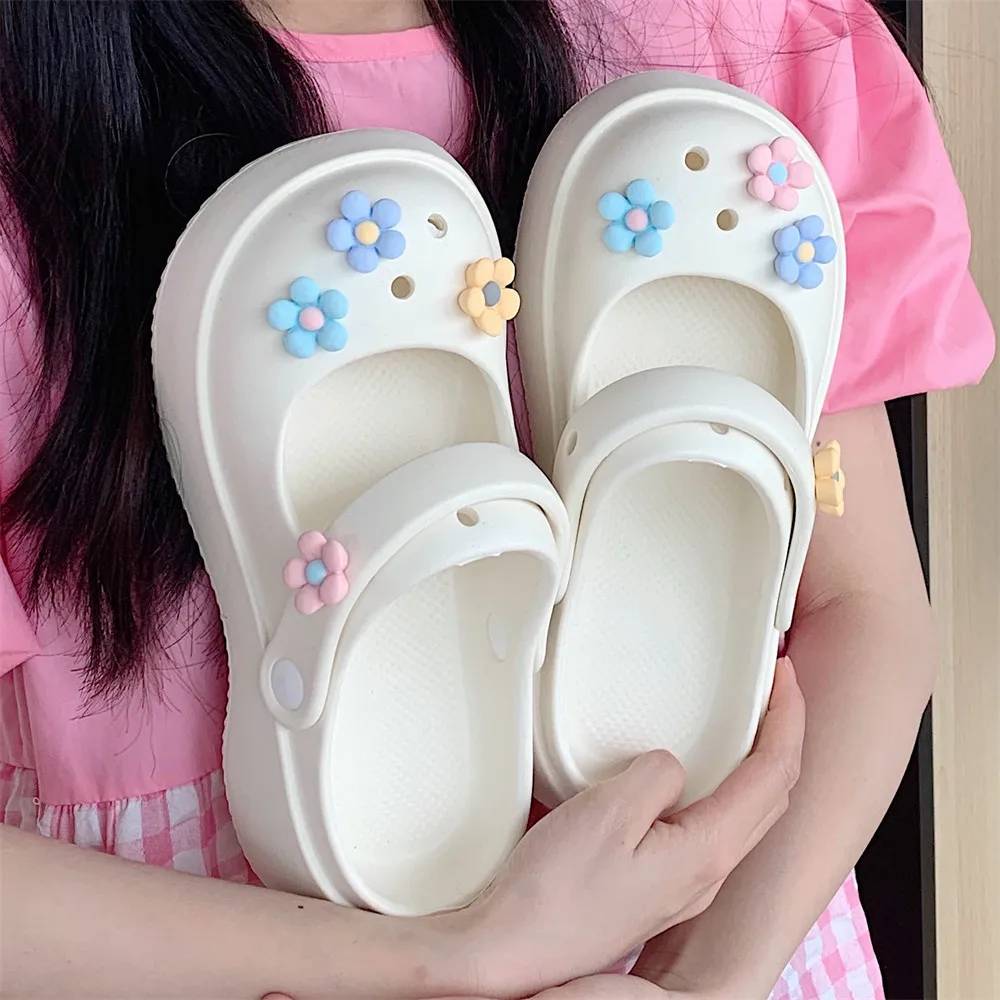 Creative Flower Baotou Hole Shoes Thick Sole Summer Outwear Shoes Wear Beach Women Slippers Increase EVA Non-slip Beach Sandals