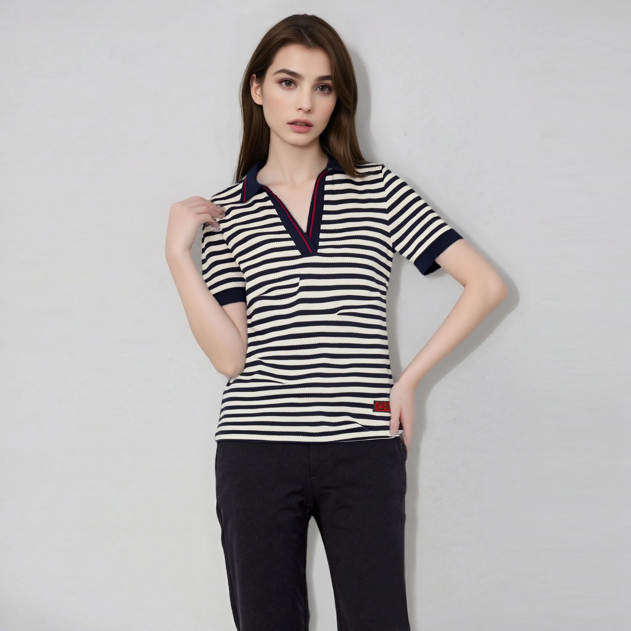 2025 Women Stripe Tops Summer Embroidery Short Sleeve Casual Simple Classics Patchwork Knitted T-Shirt Office Ladies Tees