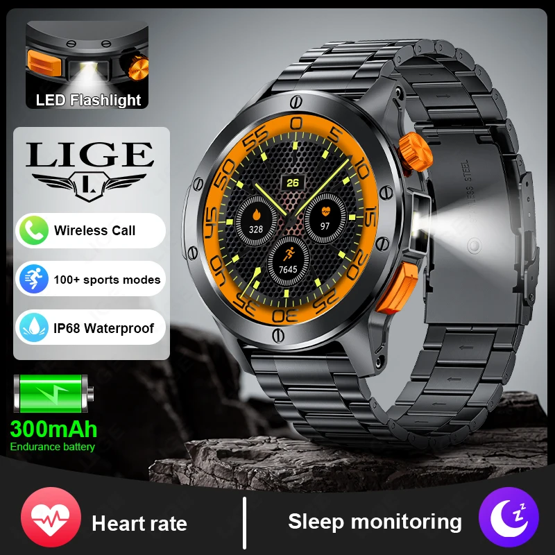 

LIGE Men SmartWatch With LED Flashlight 100+ Sports Mode Voice Assistant Waterproof Watches Bluetooth calling Smart Watches 2025