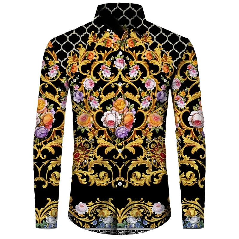 New Luxury Golden Flower Chain 3D Print Men Long Sleeve Shirt Casual Mens Designer Clothing Streetwear Lapel Button Shirts