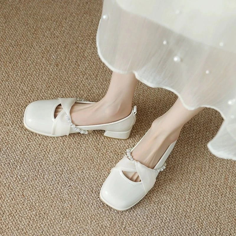 ​Leather Chunky Heel Mary Jane Shoes for Women 2025 Spring and Autumn New Square Toe Pearl Mid Heel Women's Shoes​