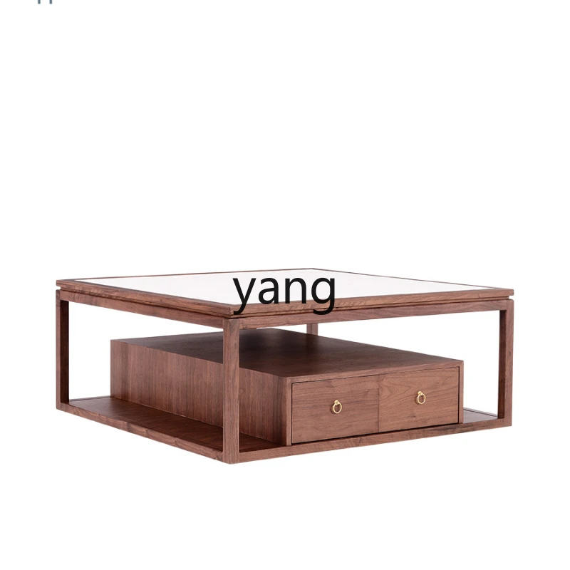 

CX New Chinese Style Black Walnut Living Room Solid Wood Storage Tea Table with Drawer Stone Plate Marble