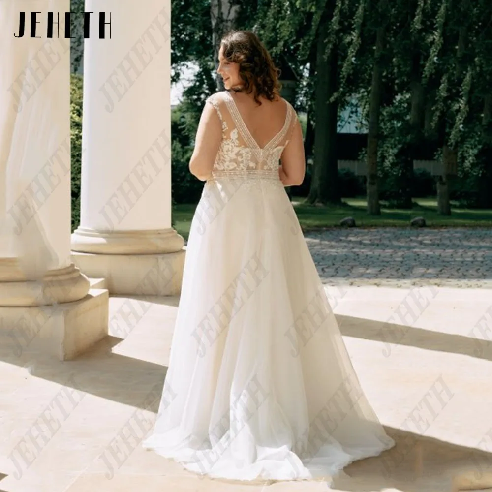 JEHETH Boho Wedding Dresses For Woman V-Neck Cap Sleeves Backless Bride Gowns Plus Size Lace Applique A-Line vestidos de novia