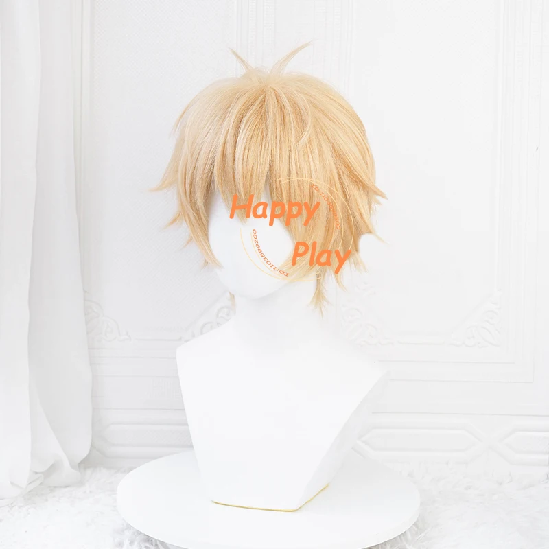 Anime Denji peruka do Cosplay 2 kolorowe jasny złoty/złoty żółty 30cm krótkie Anime peruka do Cosplay odporne na ciepło syntetyczne włosy Halloween