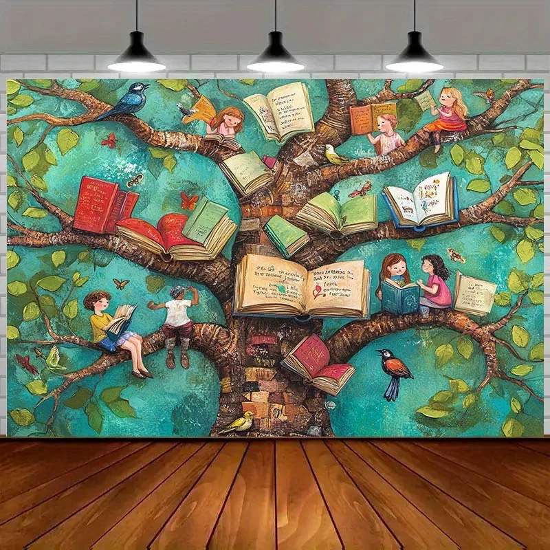 VIKAMA Book Tree Tapestry Background Classroom Decorative Educational Space Wall Hanging School Study Room Decorative Tapestry