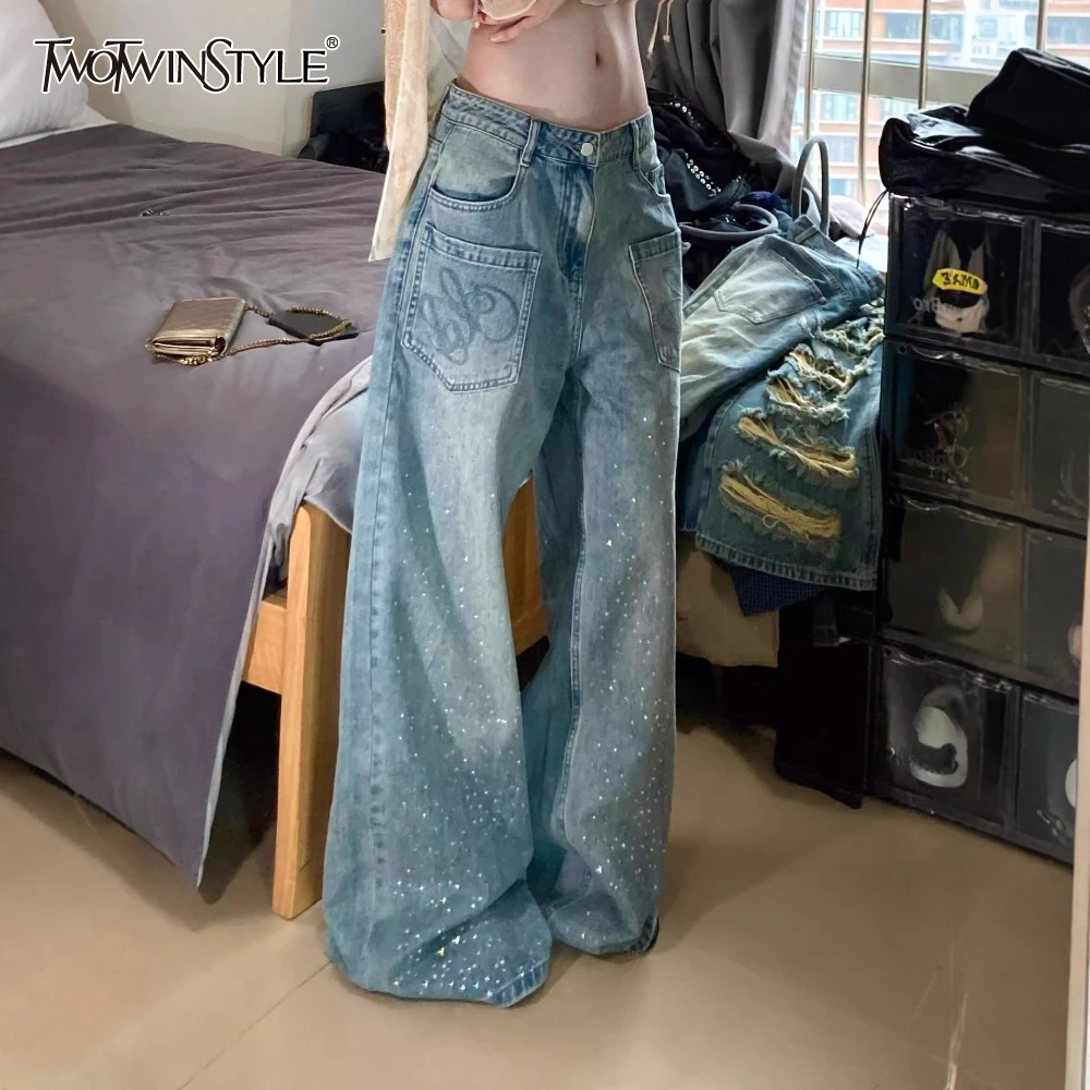 

TWOTWINSTYLE Blue Spliced Diamonds Korean Trousers Female High Waist Loose American Retro Women's Wide Leg Pants Autumn Fashion