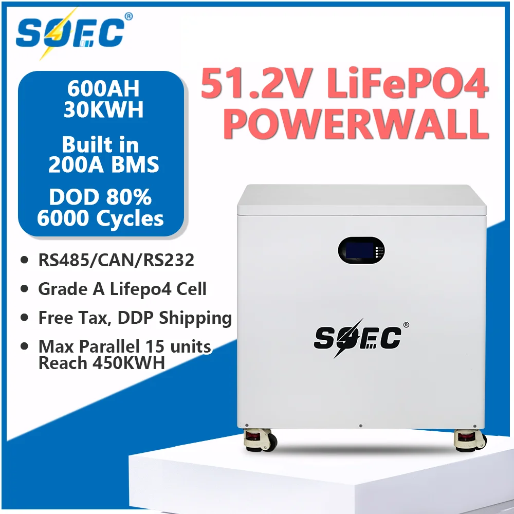 SOEC 30KWh Powerwall 51.2V 600AH Lithium Iron Phosphate LiFePO4 Battery with RS485 CAN Built-in BMS Home Energy Solar System