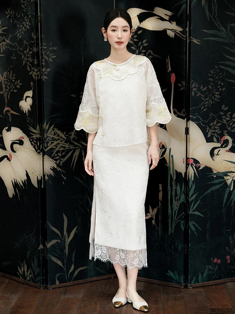 

Новый китайский комплект ibai: топ и юбка из шелковой органзы с вышивкой Cloud Shoulder для женщин