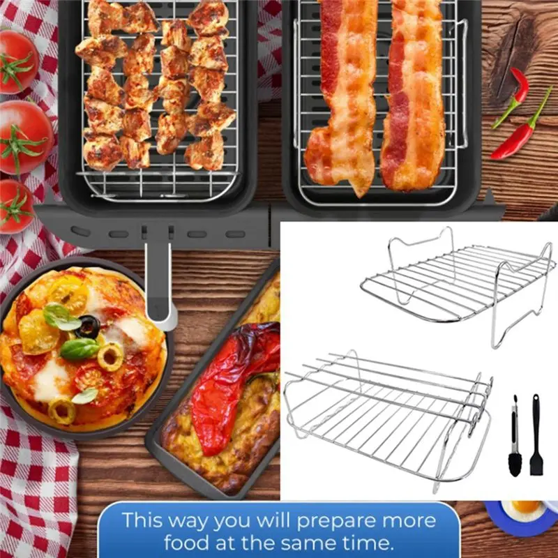 [B25B!】 Air Fryer Rack For Ninja Dual Air Fryer, 2-Piece Rack With 4 Skewers, Brush And Clips, For Double Basket Air Fryers