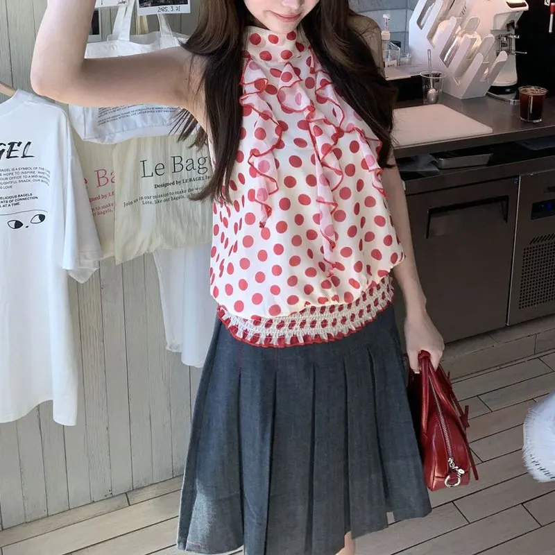 

Fashion Red Polka Dot Halter Camis Summer New Sleeveless Women's Clothing Fashionable Ruffles Spliced Loose Shirring Waist Tanks