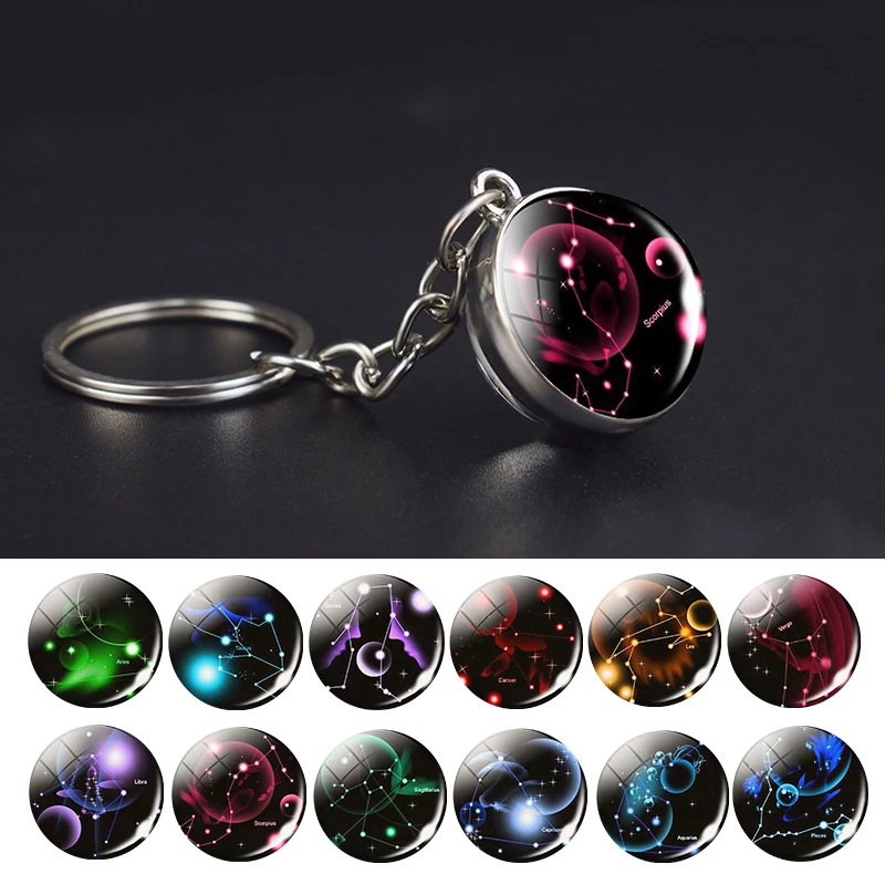 Llavero con signo del zodiaco, llavero con bola de cristal de doble cara de 12 Constelaciones, joyería astrológica, colgante para bolso