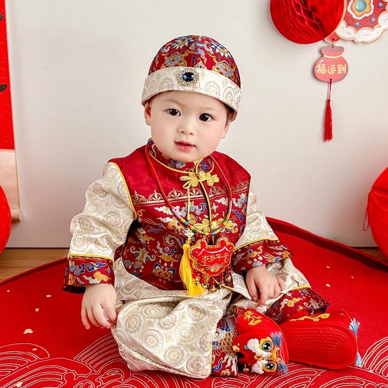 2024NEW Red Chinese Hanfu For Baby Boy Embroidery Tang Suit Birthday Clothing Dragon Long Sleeve Full Moon Gift New Year