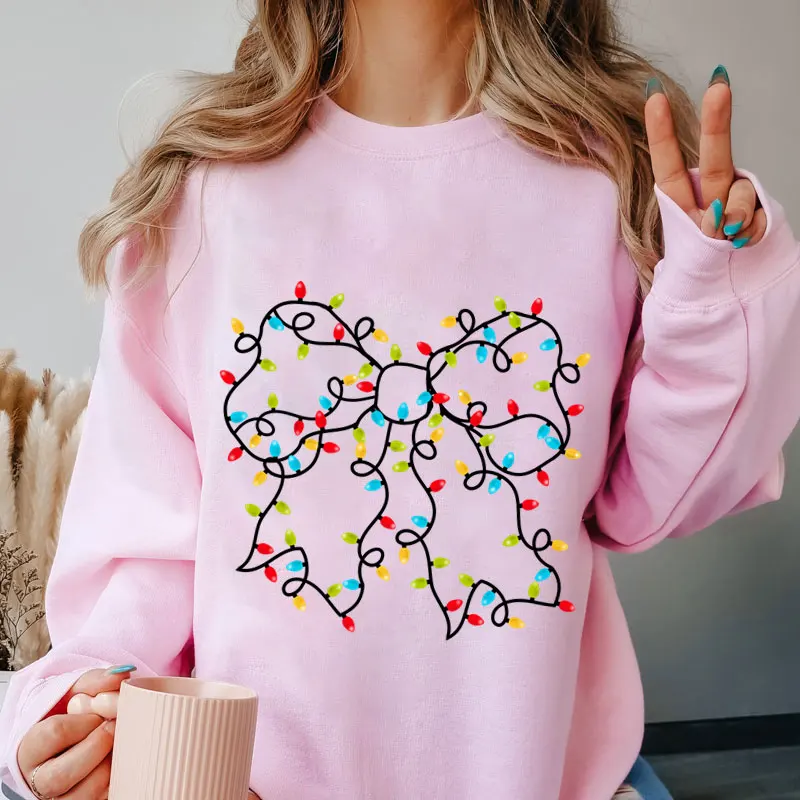 Christmas Lights Coquette Bow Print Womens Sweatshirts Long Sleeves Warm Pullover Clothes Pink Bow Oversized Hoodies Sweatshirts