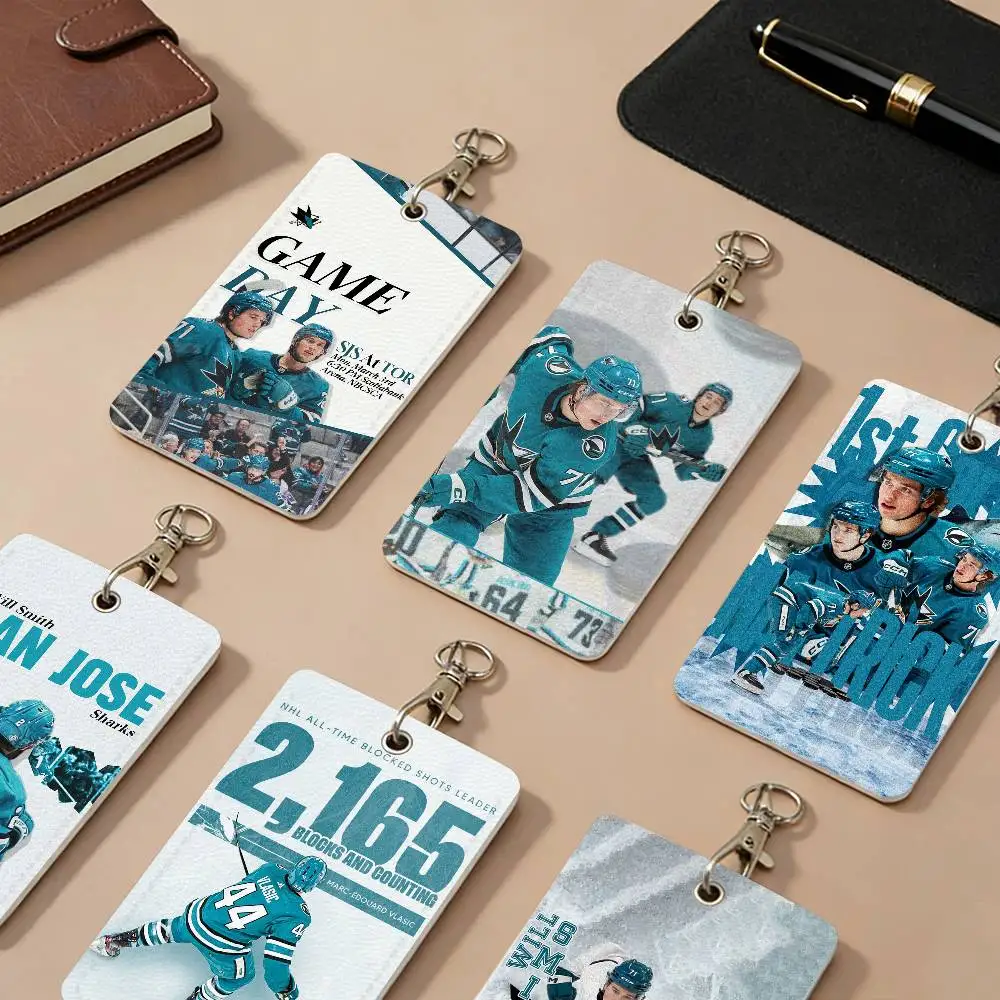 Puck Sport S-San J-Jose S-Sharks PU-Leder Kartenhalter Anti-Verlust Schutzhüllen Campus-Zugangskarten Schlüsselanhänger
