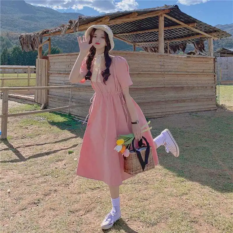 Sweet V-Neck Solid Color Shirring Bandage Bow Midi Dress Female Clothing Summer New Loose Korean Puff Sleeve Casual Dresses