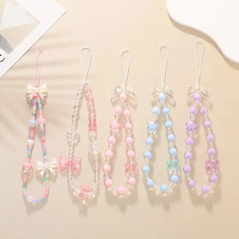 Bow Heart Beaded Bracelet Colorful Lanyard Flower Butterfly Phone Charm Pearl Mobile Phone Wrist Strap Acrylic Anti-Lost Chains