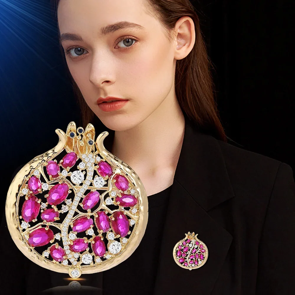Lovely Purple Pomegranate Brooch Rhinestones Fruit Pins for Girls Women Party Clothing Suit Coat Scarf Accessories Jewelry Gifts